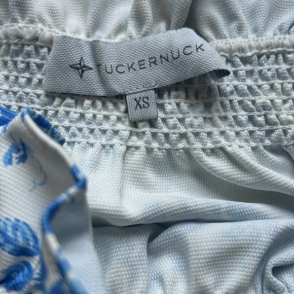 TUCKERNUCK Off the Shoulder Marguerite Blouse Majolica Blue White Floral Sz XS - Picture 6 of 10